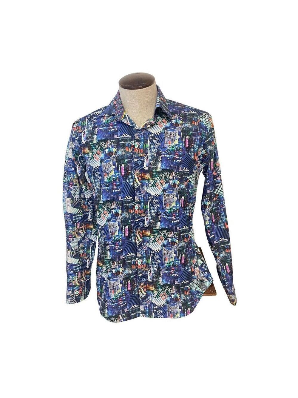 Bugatchi Uomo Shaped Fit Artistic Urban Collage Flip Cuffs Shirt Small